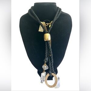 Chico's Chunky Black Lariat with Glass And Hammered Gold Tone Charm Necklace